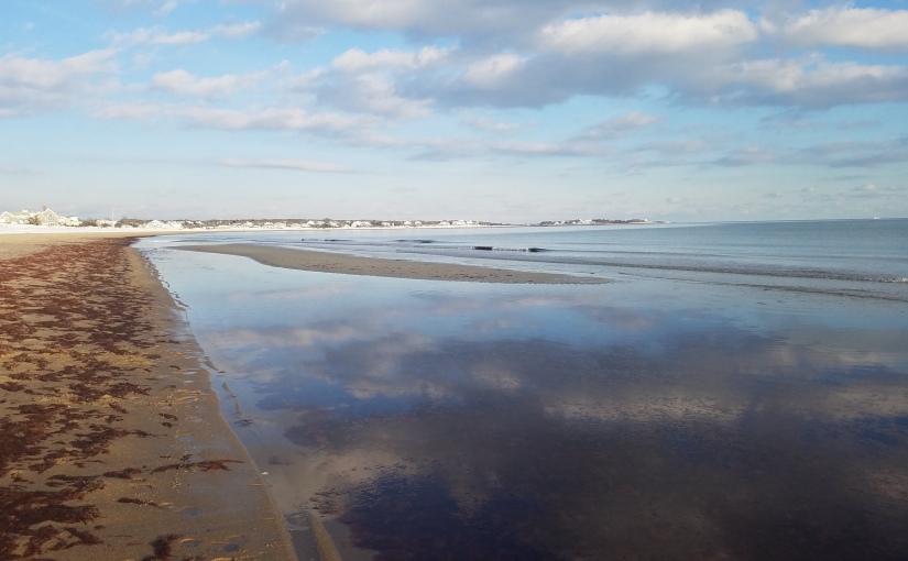 Low tide with blue sky and clouds reflecting in the water