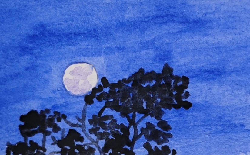 Watercolor moon in dark blue twilight sky